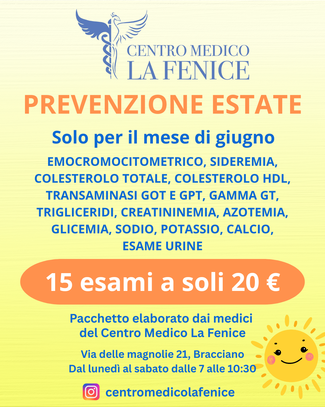 Promozione Prevenzione Estate del Centro Medico La Fenice: 15 esami a soli 20€, valida a giugno, senza prenotazione.